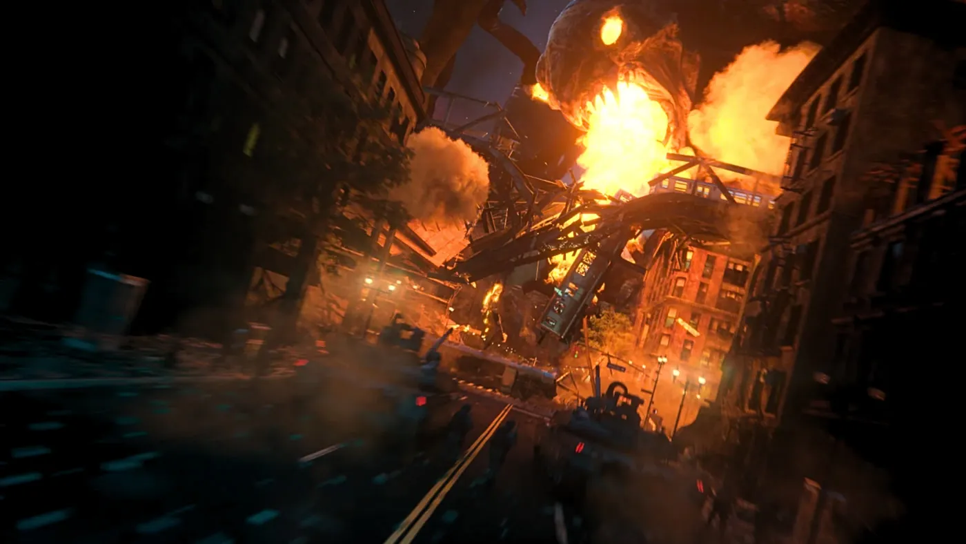 A burning city street under attack, from the Albion Colossus trailer with orchestral music by Santiago Bianchi