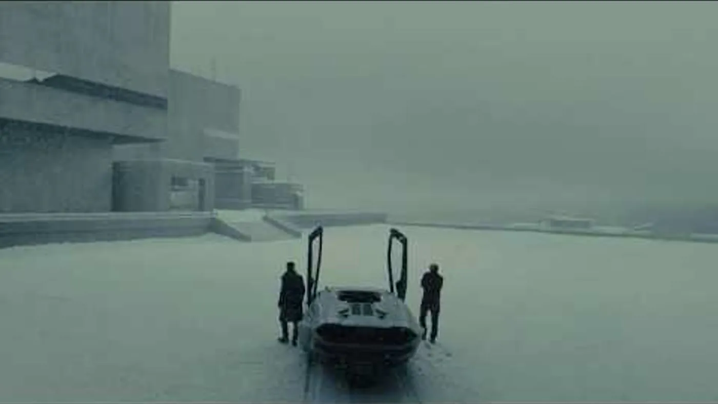 A spinner car in a grey snowy landscape, a scene from Blade Runner 2049 rescored by Santiago Bianchi