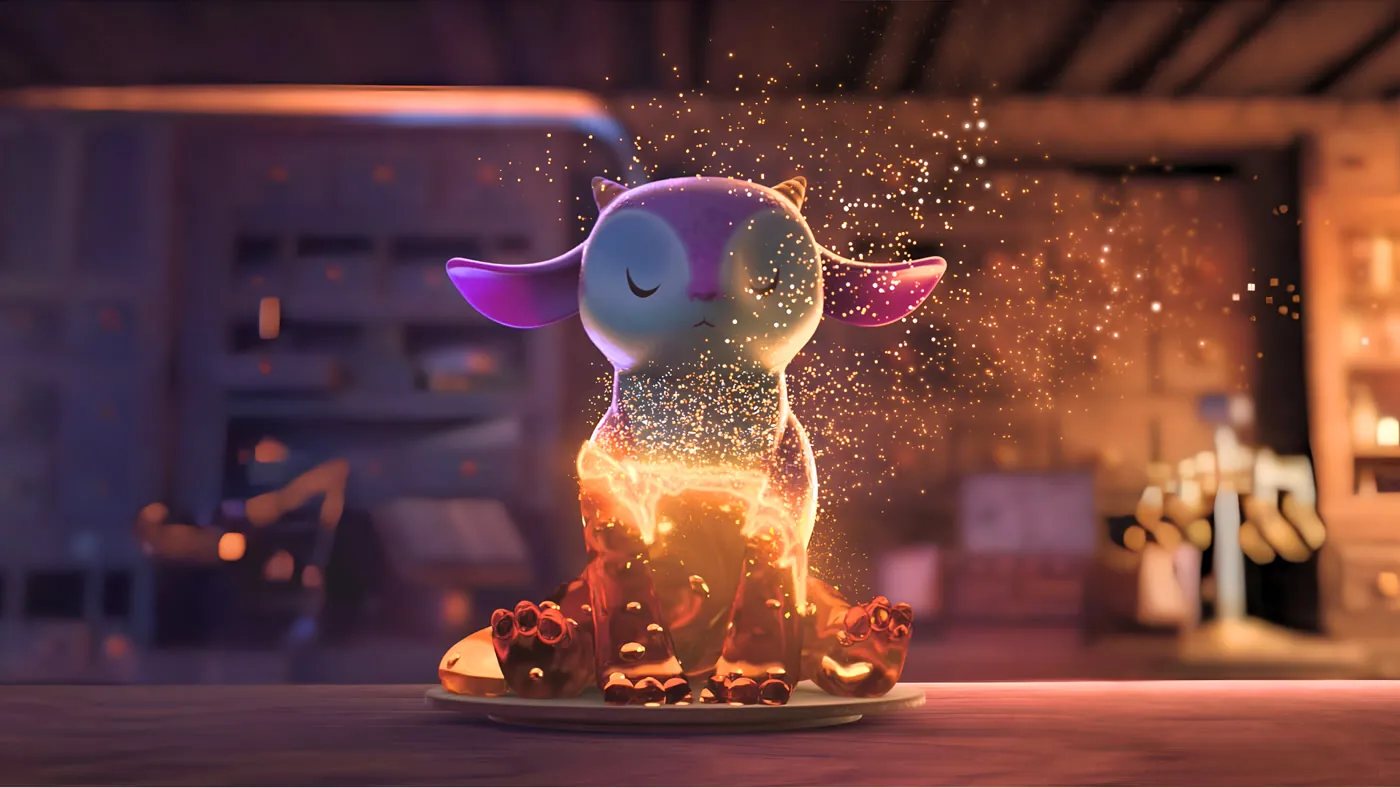 A small glowing creature in a workshop, from the animated short Bottega degli amici immaginari scored by Santiago Bianchi