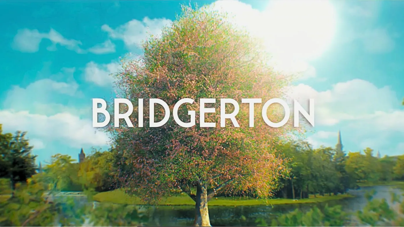 The Bridgerton title over a flowering tree, the opening rescored with orchestral music by Santiago Bianchi
