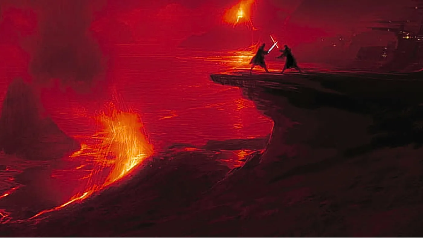 Two figures duelling on a lava shore, the Mustafar scene from Star Wars rescored by Santiago Bianchi