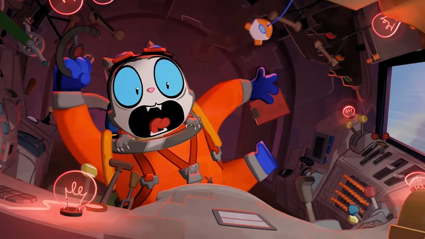 A screaming cartoon pilot in an orange suit inside a cockpit, from the animated short Wing It scored by Santiago Bianchi